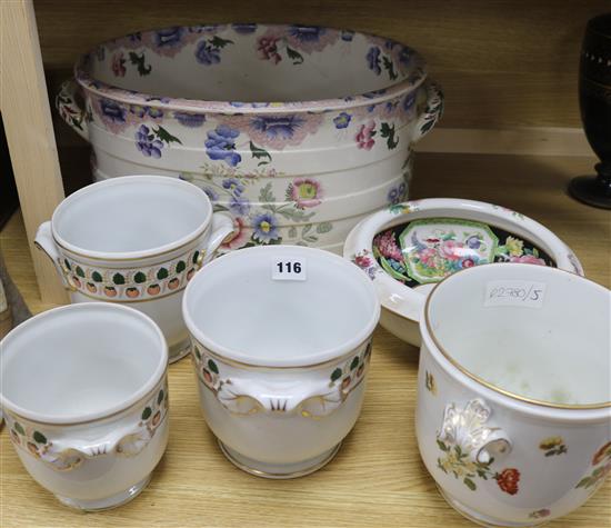 Various transfer printed and gilt decorated ewers, basins, slops pails, chamberpots, soap dishes, etc.